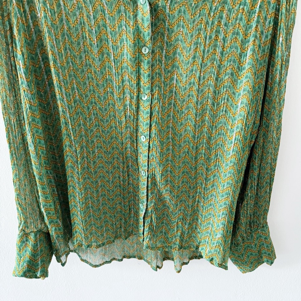 Ba&sh Wize Green Printed Sheer Long Sleeve Blouse Top Size 2 - Picture 3 of 8